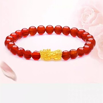 黃金999迷你貔貅紅瑪瑙手鍊6mm