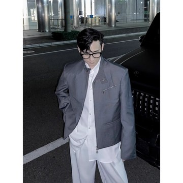 日系氣質西裝外套男 高級立領墊肩夾克西裝外套男 時尚百搭西裝 簡約潮流外套 慵懶痞帥西裝外套 百搭大碼西裝外套