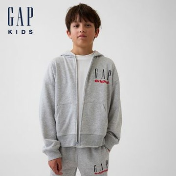 【GAP】兒童VintageSoft毛圈布寬鬆Gap Logo拉鍊連帽外套-淺麻灰(907668)