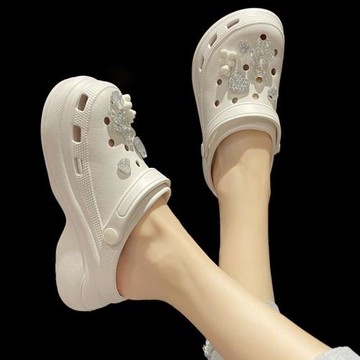 洞洞鞋女夏季外穿可愛水晶熊增高厚底防滑松糕沙灘鞋包頭半涼拖鞋