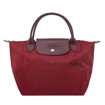 LONGCHAMP LE PLIAGE GREEN系列刺繡短把再生尼龍摺疊水餃包(小/紅石榴)