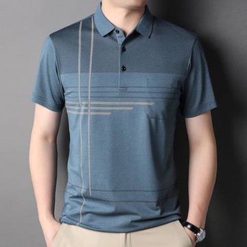 彩文羊短袖t恤男翻領POLO衫半截袖棉體恤條紋口袋冰絲爸爸裝薄款