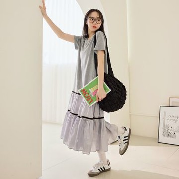 OB嚴選中大尺碼-純棉光澤抽皺拼接短袖長洋裝《DA10514》