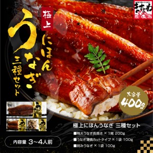 ギフト 白焼き・蒸し・蒲焼きの5段階ふっくら焼き上げ 特大にほんうなぎ3種セット ※長焼き200g×1・カットうなぎ100g×1・刻みうなぎ100