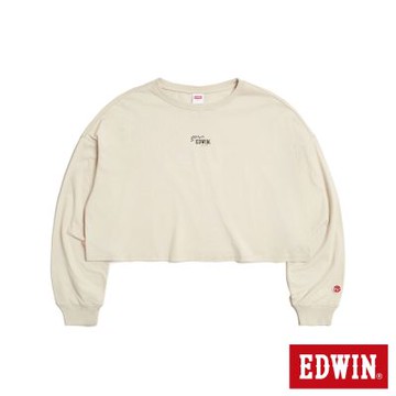 EDWIN 女裝 方格寬短版長袖T恤-淺卡其