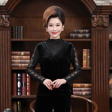 典云間中年女裝絲絨長袖衫高檔媽媽裝春秋鑲鉆T恤打底衫40-50上衣