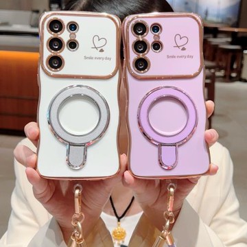 波浪紋小愛心適用三星a55手機殼a54/a56創意支架a14/a15/a16手繩手繩a34/a35/a36防摔保護套a24/a25/a26女款