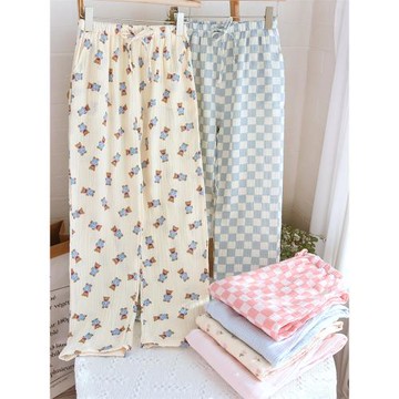 日系格子寬松休閑睡褲純棉雙層縐紗家居長褲帶腰繩家居褲舒適透氣