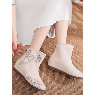 圓頭復古流蘇短筒低跟側拉鏈靴子