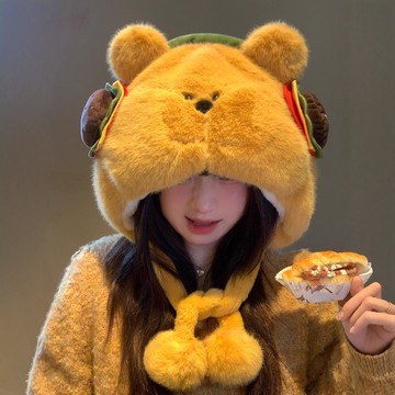 11/28🚚可愛漢堡小熊毛絨帽子女秋冬加絨加厚保暖大頭圍顯臉小護耳雷鋒帽