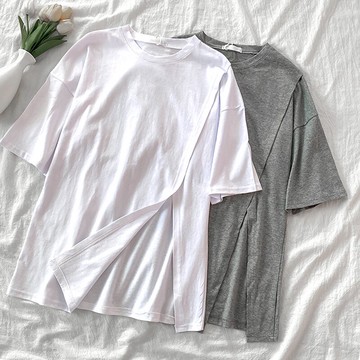 短袖t恤女夏季新款女裝韓版設計感開叉打底衫白色中長款上衣