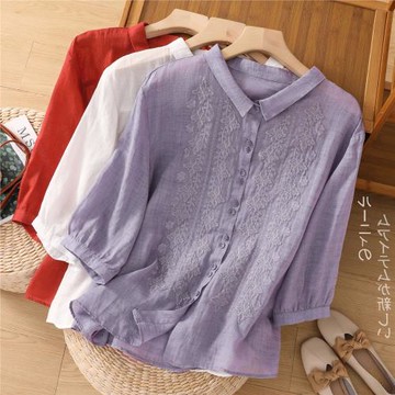 高端苧麻刺繡襯衫女寬松休閑氣質遮肉顯瘦七分袖上衣夏季2024新款