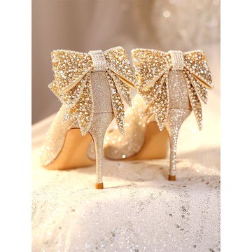 酒窩大叔【莊周戀碟】法式婚鞋新娘鞋蝴蝶結水晶高跟鞋結婚單鞋女