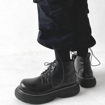 網紅復古黑色厚底中幫大頭馬丁靴