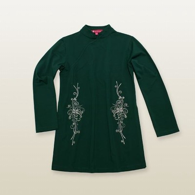 花刺繍ロング丈チャイナＴシャツ ／ チャイナ風　アオザイ風　マオカラー　長袖T　コットンＴ 花刺繍ロング丈チャイナTシャツ ／ チャイナ風 アオザイ風