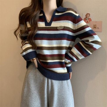 大碼韓版遮肚子POLO領長袖打底衫女胖妹妹慵懶風百搭條紋針織上衣