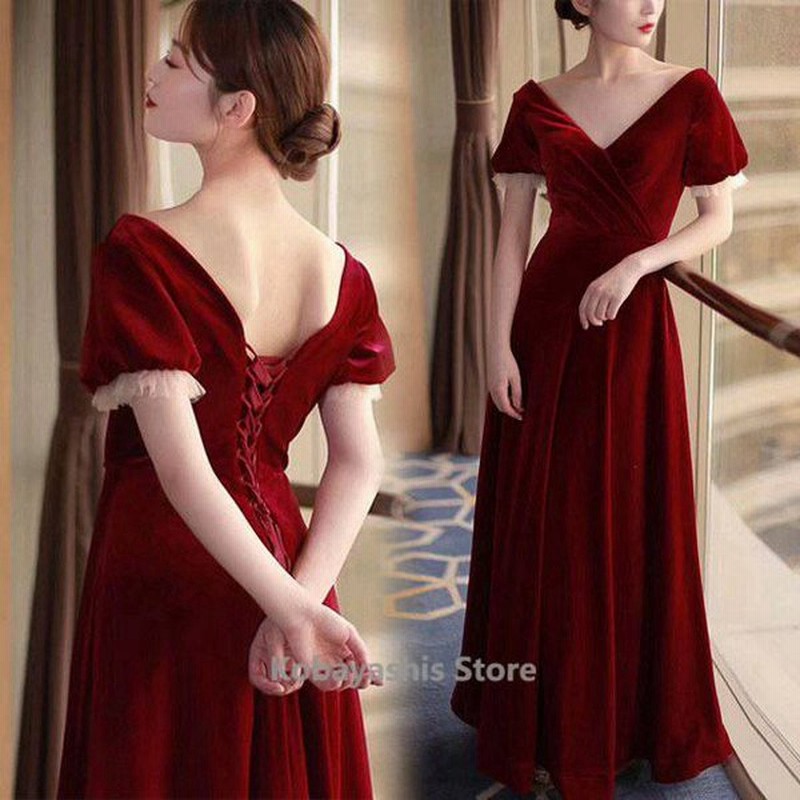 ワイン赤イブニングドレスベロアベルベットvネックパーティードレス二次会お呼ばれ結婚式ロング成人式ドレス半袖ドレス演奏会 通販 Lineポイント最大get Lineショッピング