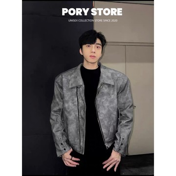 【PORY STORE】韓國 clean fit 高級感 復古 斜拉鍊 短版 皮外套 皮革外套 皮衣 皮衣外套 男生皮衣