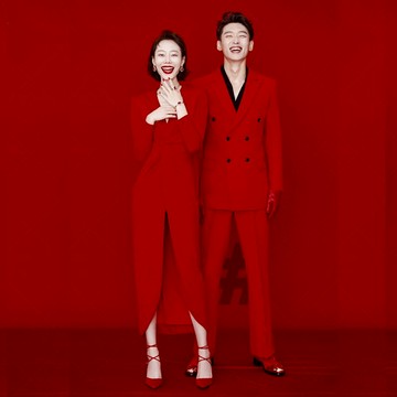 新款婚紗影樓攝影情侶裝主題寫真藝術照服裝紅色西裝時尚韓版套裝