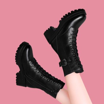 秋冬季單靴真皮短靴2024新款馬丁靴中筒騎士雙拉鏈中跟厚底小皮靴