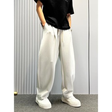 冰絲垂感褲子男夏季薄款寬松直筒休閑褲痞帥雙褶彎刀松緊腰小西褲