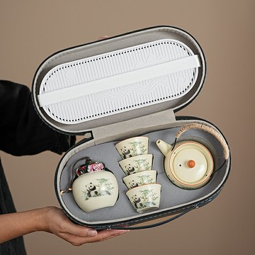 汝窯熊貓旅行茶具套裝家用陶瓷提梁壺茶杯便攜式戶外露營喝茶裝備