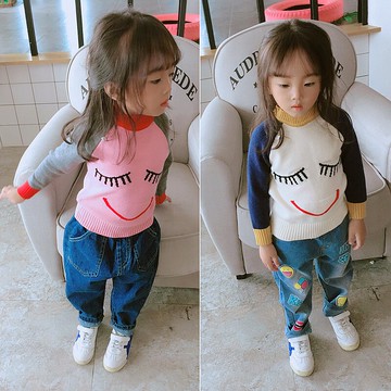 女寶寶可愛卡通兒童毛衣 女童春秋季新款寬松長袖套頭上衣1入
