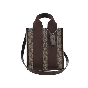 COACH橡木色C LOGO緹花布拼接楓木色荔枝紋皮革手提/斜背迷你琴譜托特包