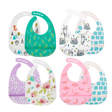 【Nuby】矽膠圍兜二入組(多款可選)｜可調脖子尺寸 可捲收 防漏口袋 攜帶方便