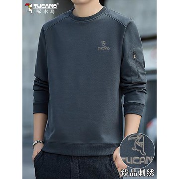 啄木鳥春秋季新款刺繡男款衛衣圓領套頭衫寬松休閑保暖長袖t恤男