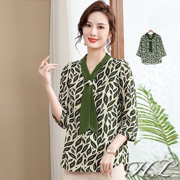 ‧GAG GLE超大尺碼‧【25071032】純情V領滿版葉印雪紡七分袖 1色