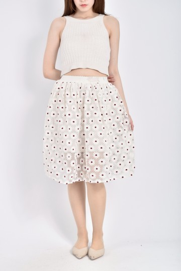 (S) 質感紡紗鬆緊腰花花白色長裙