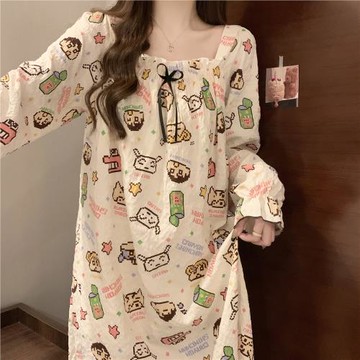 日系睡衣女款帶胸墊春秋季可愛卡通童趣公主風睡裙夏天女士家居服