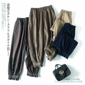 春季新款刺繡花邊日系森女燈籠褲斜紋棉松緊腰文藝復古九分休閑褲