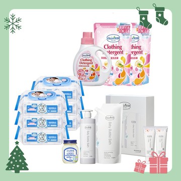 【Baan 貝恩】 新手爸媽懶人組(柔濕巾80抽x6+泡泡香浴組500ml+800ml補充包+洗衣精1000ml+補800mlx2+護膚膏75mlx2+凡士林50g)｜新生禮、彌月禮、閨蜜送禮、新生