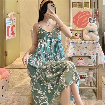 【韓國K.W.】現貨美型花漾細肩居家服睡衣(涼感/連身裙/中長裙/長裙/輕薄/短袖)