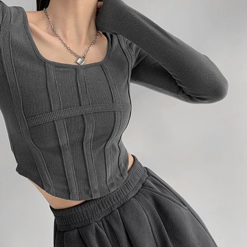 短款純欲風辣妹上衣ins潮設計感小眾緊身U領打底衫內搭長袖t恤女