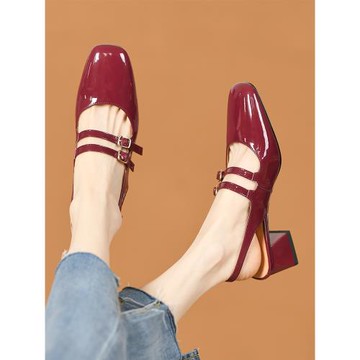 雙排扣法式瑪麗珍包頭涼鞋女復古中跟粗跟夏季淺口方頭真皮高跟鞋