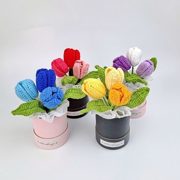 鬱金香盆花 手鉤花 生日禮物 小盆花 情人節 母親節 家居擺設