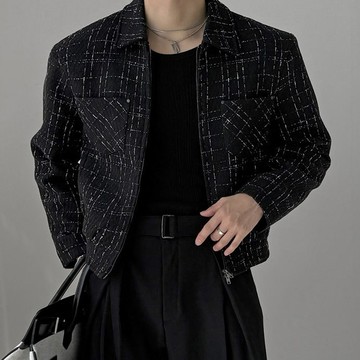正韓奢華格紋織線粗呢雙口袋短版夾克外套 黑色 YUPPIE 預購商品 1229