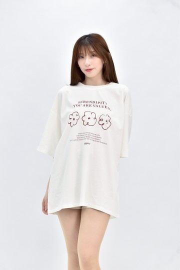 (2XL) 白色棉質純棉印花寬鬆短袖上衣