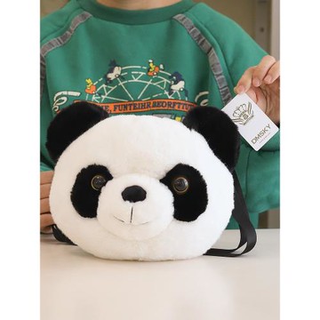 正版毛絨熊貓斜挎包小圓包休閑拉鏈包女生小挎包成都基地同款哆萌