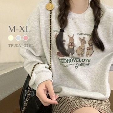 《杜達女孩》韓風兔兔家族🐰M-XL銀狐絨大學T 兔子上衣 長袖T恤 兔兔t 刷毛大學t 保暖加絨上衣 圓領 保暖t恤 女