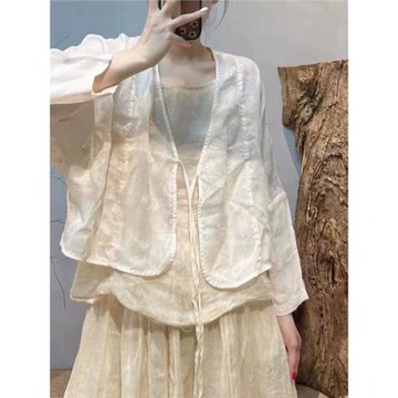 文藝復古開衫外套女2024春秋新款寬松顯瘦百搭長袖刺繡苧麻上衣