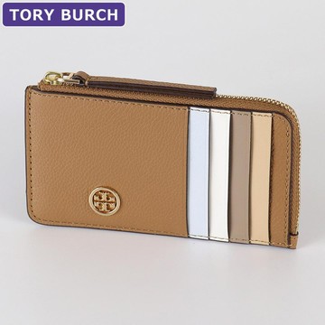【TORY BURCH】專櫃經典款 Robinson系列 拼色防刮皮革L型拉鍊卡夾