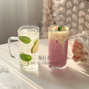 簡約風ins玻璃帶把直身方杯小眾設計牛奶杯飲料杯奶昔杯咖啡杯【步行者戶外生活館】