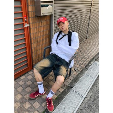 富士見 美式復古做舊工裝牛仔短褲男寬松直筒夏季休閑五分中褲潮