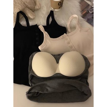 灰色短款帶胸墊吊帶背心女夏季美式辣妹外穿無袖內搭紐扣打底上衣