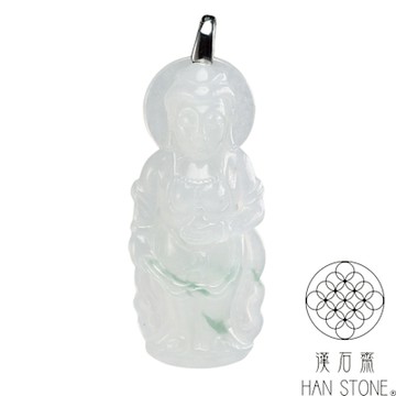 【漢石齋】天然翡翠A貨 觀音白K金墜頭玉佩吊墜 冰種飄花(18*41*10mm)