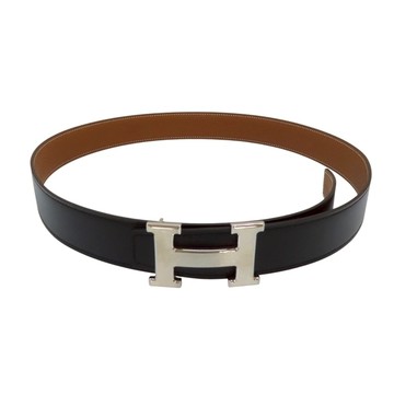 【二手名牌BRAND OFF】HERMES 愛馬仕 H Martelee 皮帶扣環 黑/棕色 雙面皮帶 85CM Y刻